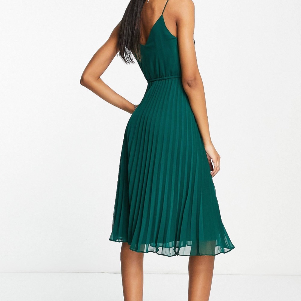 ASOS pleated cami midi dress with drawstring waist in forest green - Picture 3 of 8